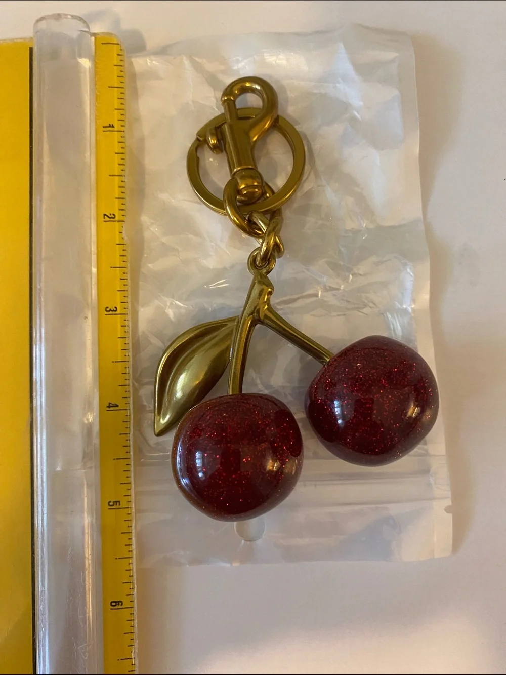 Gold Cherry Keychain Bag Charm with Red Glitter Cherries